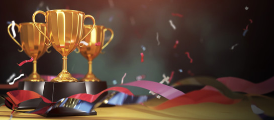 Golden trophy cup with falling confetti. 
copy space for text. 3d rendering.	
