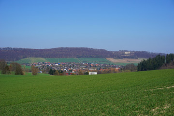 Fototapeta na wymiar Ein Blick über ein Feld auf Delligsen in Niedersachsen