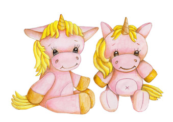 Watercolor illustration of two cute cartoon pink unicorns sitting. Isolated. Hand drawn.