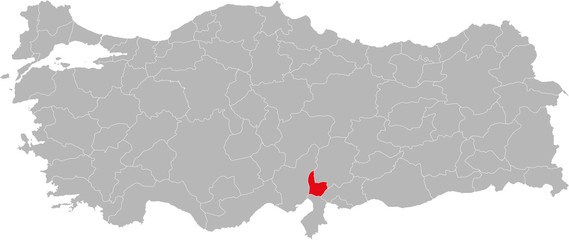 Osmaniye province highlighted on turkey map vector. Gray background.