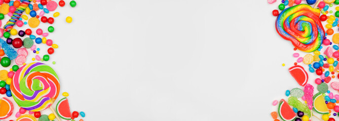 Colorful assorted candies. Top view double side border over a white banner background.