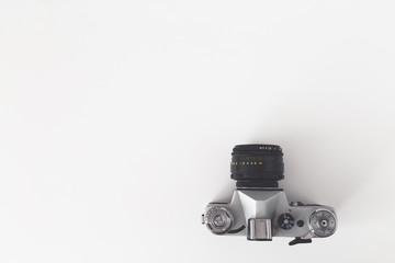 Vintage camera view from above, isolated on white background.