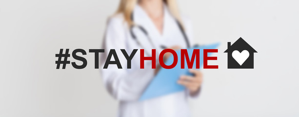 COVID-19 self-isolation. Unrecognizable doctor and hashtag STAY HOME, grey background. Collage. Panorama