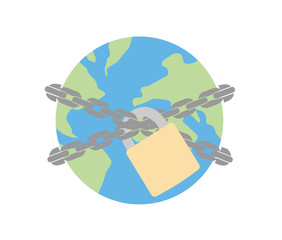 Vector 2D image of the world with a chain and lock - global lockdown due to Coronavirus