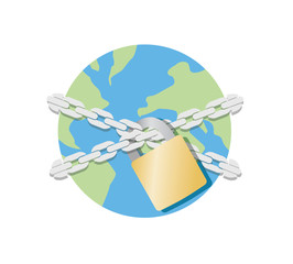 Vector image of the world with a chain and lock - global lockdown due to Coronavirus