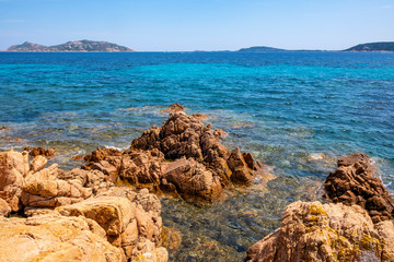 Panoramic view of Spalmatore di Terra peninsula of Marine Protected Area natural reserve with...