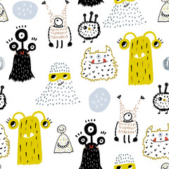 Childish seamless pattern with creative monsters. Funny monsters vector background. Perfect for kids apparel, textile, fabric.