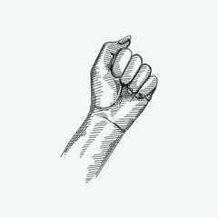 Hand-drawn sketch of Left-Facing Fist gesture on a white background. Hand Signs And Gestures. Hand poses. 