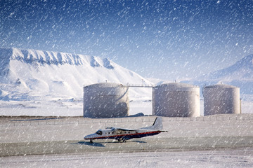 North Coal Mine. Amazing landscape with Plane and Refineries of Spitsbergen in the Arctic North Pole region.