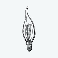 Hand-drawn sketch of a candle angular ligh bulb. Incandescent light bulb, incandescent lamp or incandescent light globe. 