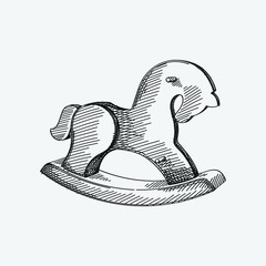 Hand-drawn sketch of Rocking horse on a white background. Toys for small children. Educational toys for toddlers. 