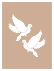 Two flying flat white doves silhouette on beige background with elegant peaceful elements
