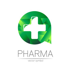 Pharmacy vector symbol with cross in green circle for pharmacist, pharma store, doctor and medicine. Modern design vector logo on white background. Pharmaceutical icon logotype. Human Health