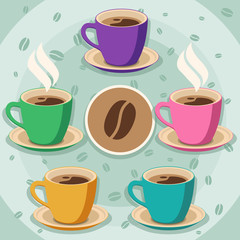 Set of 5 Coffee Cups on light background. Flat Style vector Illustration. Decorative Design for Cafeteria, Posters, Cards, Banners 