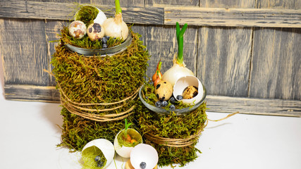 Easter decoration with natural moss, onions and eggs on a gray antique background. Decor.