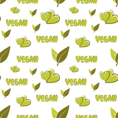 Vegan pattern. Pattern veggies. Seamless vector pattern in flat style with lettering vegan and green hand drawn hearts. For kitchen, for printing on textiles. Mix design for fabric and decor.