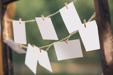 paper forms hang on a rope with wooden clothespins. mockup of empty photos on nature