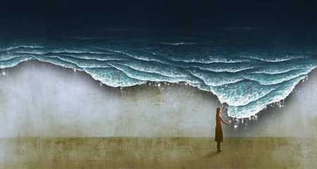 Young woman alone with Surreal sea, painting - obrazy, fototapety, plakaty