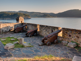 Cannons and merlons of the fortress Castillo de la Concepción in Cedeira, Rías Altas, La Coruña, Spain
