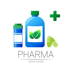 Fototapeta premium Pharmacy vector symbol with 2 blue pill bottles and cross, capsule tablet for pharmacist, pharma store, doctor and medicine. Modern design logo on white. Pharmaceutical icon logotype . Human health