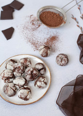 chocolate marble cookies brownie on table with ccocoa powder