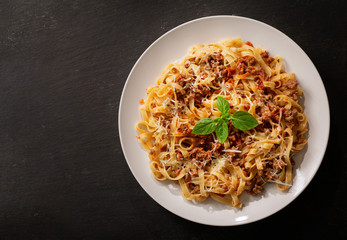 plate of pasta bolognese, top view