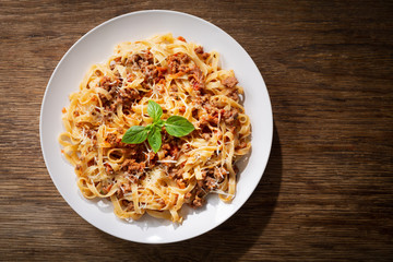 plate of pasta bolognese, top view