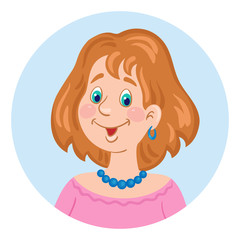 Portrait of a cute girl in a pink dress. Avatar icon in the circle. Isolated on white background. Flat style. Vector illustration.