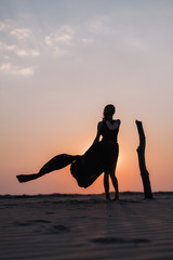 girl in the desert at sunset in a red dress developing in the wind