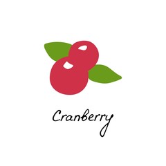 Hand drawn cranberry logo for print and web. Berry icon and raspberry inscription. Vector illustration.