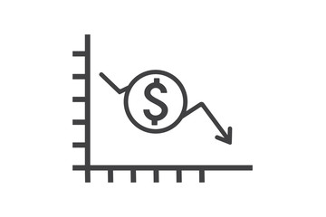 Money crisis icon vector, Dollar rate decrease vector line icon. Money symbol with down arrow. Lower cost icon. Business lost crisis decrease vector illustration. money crisis due to coronavirus 