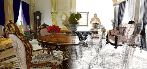 Wireframe luxuriously decorated rococo style room, living room, Byzantine gold and sculptures, draft, 3d rendering, 3d illustration