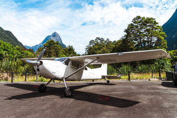 tourism airplanes on the ground in the New Zealand fjords 