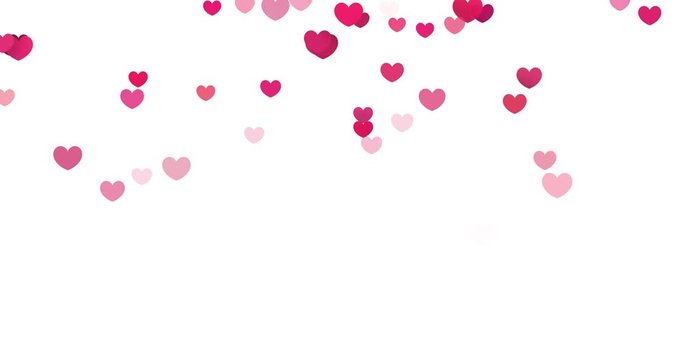 Pink hearts confetti falling down on white background. Likes concept. Saint Valentines greeting card motion design. 