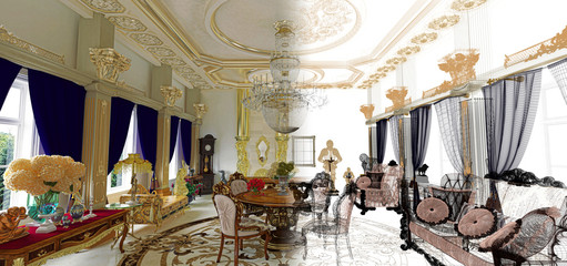 Obraz na płótnie Canvas Wireframe luxuriously decorated rococo style room, living room, Byzantine gold and sculptures, draft, 3d rendering, 3d illustration