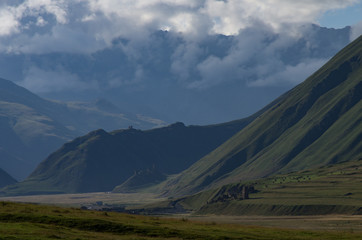Fototapeta premium Terek river in Thurso mountain valley. Mtskheta-Mtianeti Region, Georgia