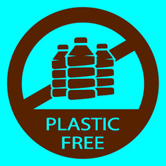 Free Plastic Icon. Plastic free. No BHA, sign. Icon or stamp with text "Plastic free" for a different packages. Biodegradable sign. Round symbol with plastic bottle inside in brown color