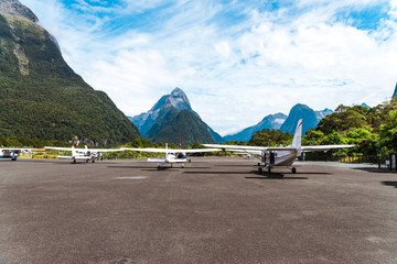 tourism airplanes on the ground in the New Zealand fjords 