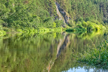 Fototapeta na wymiar Landscape with forest, cliff and reflection in the river