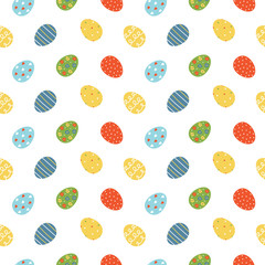 Colorful vector cartoon style easter eggs with different ornaments seamless pattern background.
