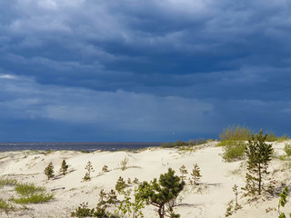 Summer day on Yagry island, White sea. Storm clouds over the White sea. Before the storm.