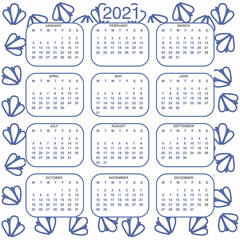 Design calendar 2021 year in trendy ornamental style. Stationery planner template. Vector illustration. Week starts on Monday. Set of 12 months. Made in blue and white colors