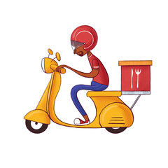 Scooter with delivery man cartoon character. Fast courier. Restaurant food service, delivery service, a postal employee the determination of geolocation using electronic device. Digital illustration