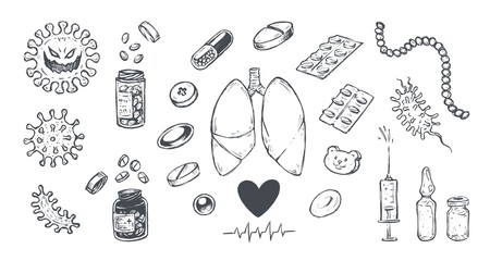 Medical icons with coronavirus Covid-19, healthy lungs, vaccine and pills isolated on white. Set of Healthcare and Virology symbols hand drawn sketch doodles vector illustration © Margarita