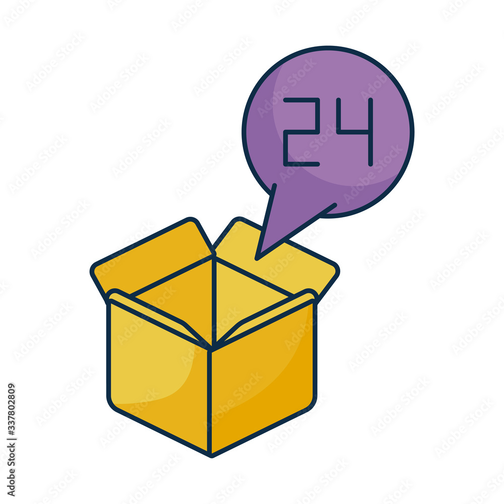 Poster cardboard box open with speech bubble on white background