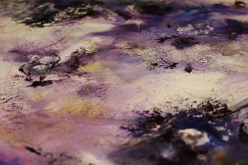 Purple black and white oil painting with flakes. Drops, lines, arrows, flowers close up. Horizontal and vertical photos. Background