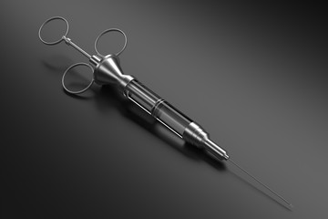 Vintage metal reusable syringe on dark background. 3d render