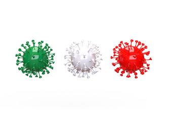 3d render of coronavirus covid19 pathogens in colors of Italian Flag representing the pandemics in country