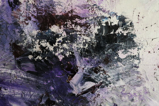 Purple black and white oil painting with flakes. Drops, lines, arrows, flowers close up. Horizontal and vertical photos. Background
