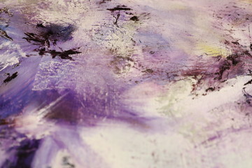 Purple black and white oil painting with flakes. Drops, lines, arrows, flowers close up. Horizontal and vertical photos. Background